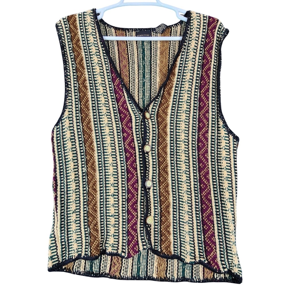Structure Striped Knit Vest M Multicolor Sleeveless Sweater Y2K Career